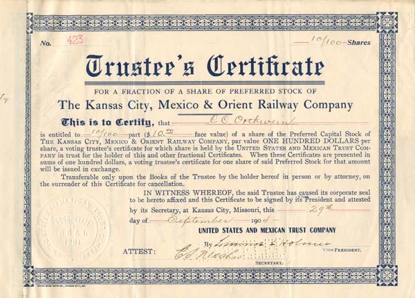 Kansas City, Mexico and Orient Railway Co. - Trustee's Certificate